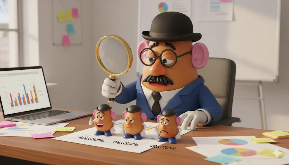 Mr. Potato analizado clientes con una lupa